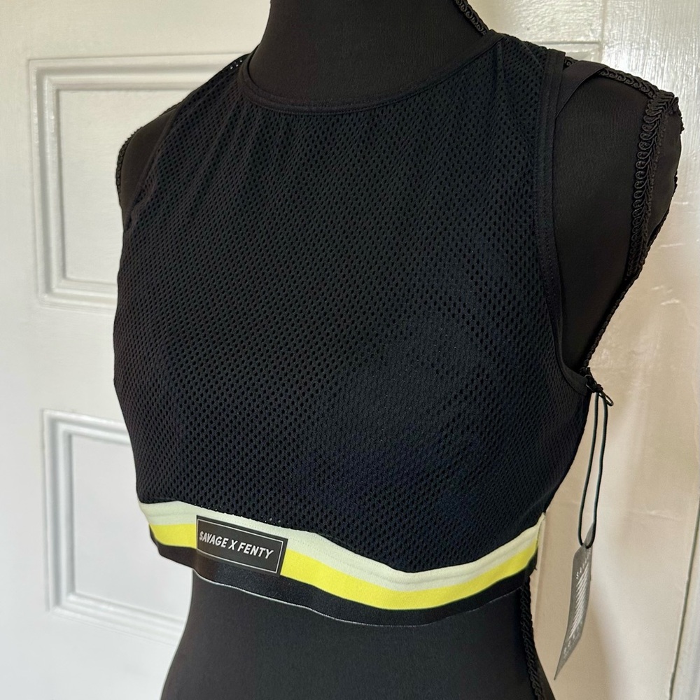 NWT Savage X Fenty Pin Up Low Impact Sports Bra XL Black Yellow Mesh Fishnet NEW